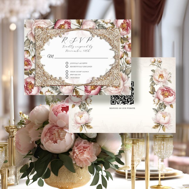 Peony Floral Elegant Gold Pink and Ivory Wedding RSVP Card (Creator Uploaded)