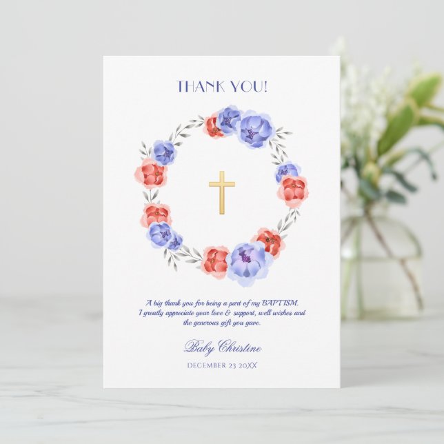 Peony Floral Girl Boy Baptism Thank You Card (Standing Front)