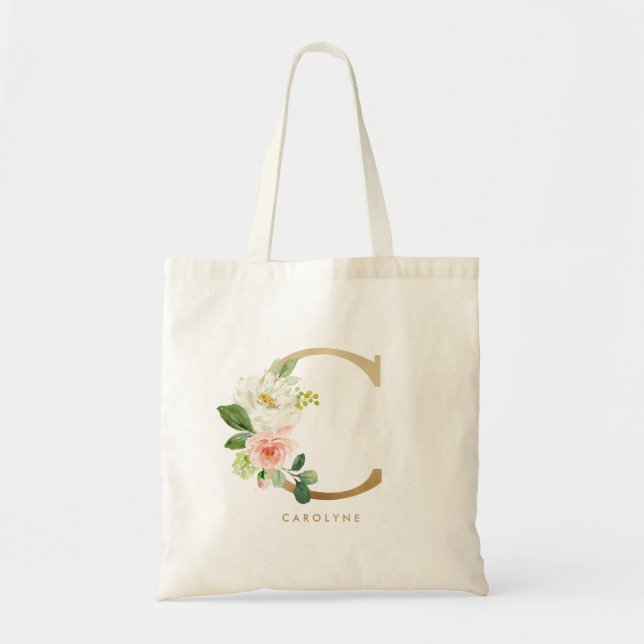 Peony Floral Letter C Gold Monogram Bridesmaid Tote Bag (Front)