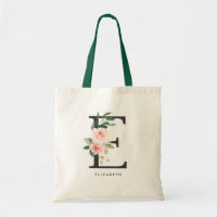 Peony Floral Letter E Black Monogram Bridesmaid