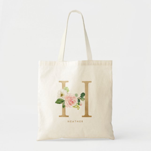 Peony Floral Letter H Gold Monogram Bridesmaid Tote Bag (Front)