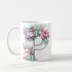 Peony Floral Letter P Pastel Monogram Coffee Mug