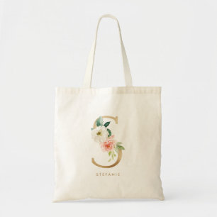 Peony Floral Letter S Gold Monogram Bridesmaid Tote Bag