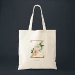 Peony Floral Letter Z Gold Monogram Bridesmaid Tote Bag<br><div class="desc">Floral letter Z monogram tote bag features watercolor floral bouquet of white and blush pink peonies and roses, greenery accent and faux gold foil letter. This letter Z floral bridesmaid monogram tote bag is perfect for weddings, showers, birthdays and so much more. Personalise by adding names or a short phrase....</div>