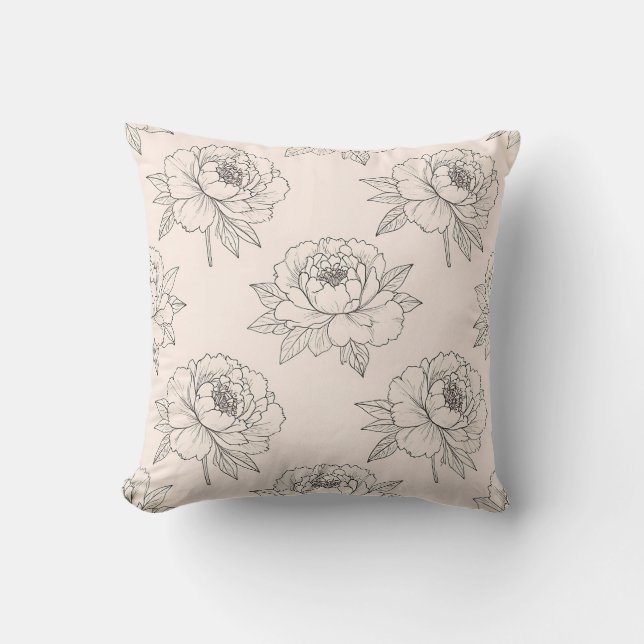 Peony Floral Line Art Pattern Soft Cushion (Front)