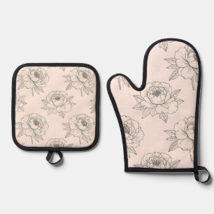 Peony Floral Line Art Pattern Soft Oven Mitt & Pot Holder Set