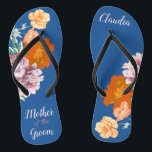 Peony Floral Mother of the Groom Blue Wedding  Jandals<br><div class="desc">This desirable pair of flip flops features retro aesthetic pattern of beautiful peony flowers on the blue background, and changeable typography "Mother of the groom". These personalised and elegant flip flops are a memorable gift for wedding party members: bride, bridesmaids, mother of the bride, maid of honour... They will add...</div>