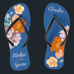 Peony Floral Mother of the Groom Blue Wedding  Jandals<br><div class="desc">This desirable pair of flip flops features retro aesthetic pattern of beautiful peony flowers on the blue background, and changeable typography "Mother of the groom". These personalised and elegant flip flops are a memorable gift for wedding party members: bride, bridesmaids, mother of the bride, maid of honour... They will add...</div>