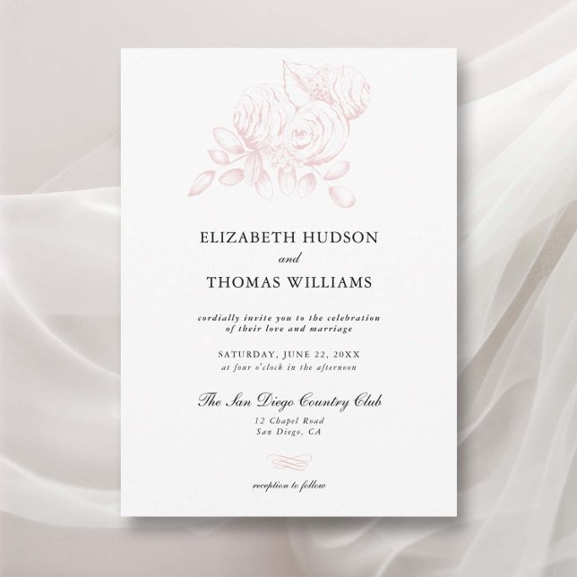 Peony Floral Sketch Formal Modern Classic Wedding Invitation (peony wedding invitation modern classic formal  floral sketch elegant romantic garden spring summer )