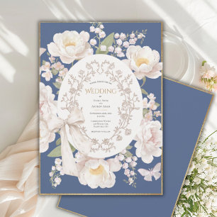 Peony Floral Vintage Elegant Blue Wedding Invitation