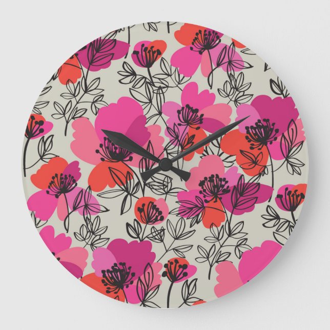 Peony Floral Vintage Seamless Pattern. Large Clock (Front)