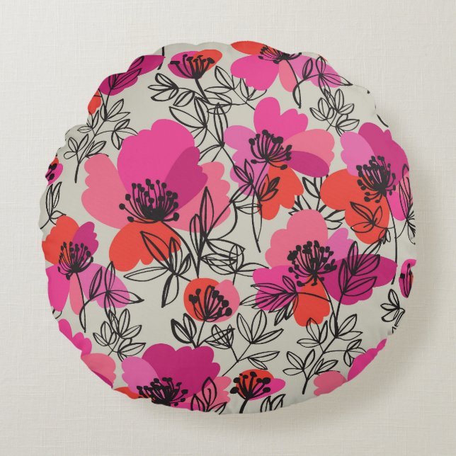Peony Floral Vintage Seamless Pattern. Round Cushion (Front)