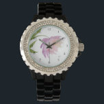 *~* Peony Floral Watercolor Pink Lavender Popular<br><div class="desc">* A Lovely Lavender and pink on a glowing white background. This design is an impressive very pretty watercolor peony flower gracing the face of this women's watch. * The strap is black and made of hard sturdy enamel. There are sparkling rhinestones around the face of the watch give this...</div>