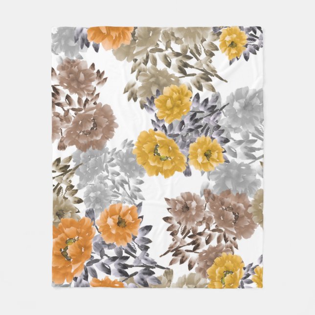 Peony Floral Watercolor White Background Fleece Blanket (Front)