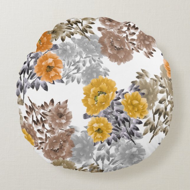 Peony Floral Watercolor White Background Round Cushion (Front)