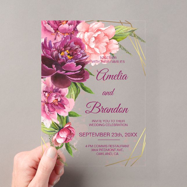 Peony Floral Wedding Acrylic Invitation (Insitu (Handheld))