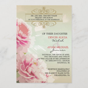 Peony Floral Wedding Invitation Pink, Green & Gold