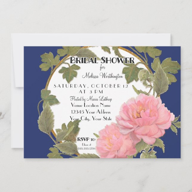 Peony Floral Wreath Bridal Shower Striped Pattern Invitation (Front)