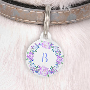 Peony Floral Wreath Pink Purple Blue Monogram Pet Tag