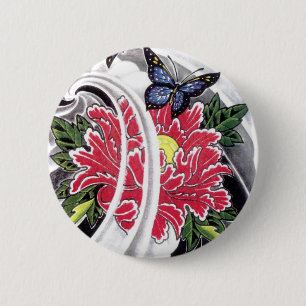 Peony Flower and Butterfly Tattoo Design 6 Cm Round Badge