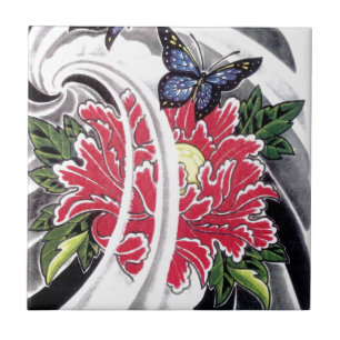 Peony Flower and Butterfly Tattoo Design Tile