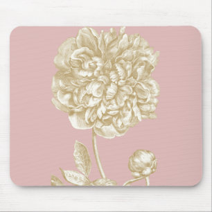 Peony Flower Botanical, Pink and Gold Mouse Pad