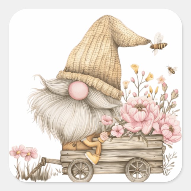 Peony Flower Gnome Square Sticker (Front)