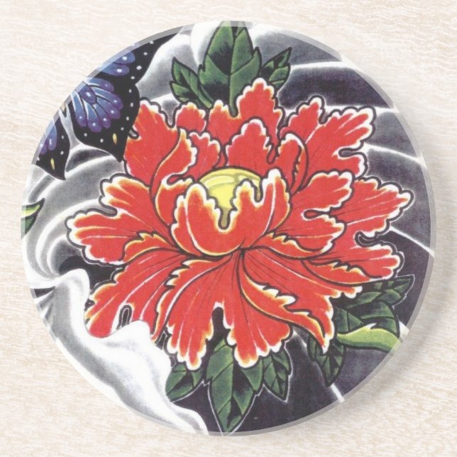 Peony Flower Japanese tattoo design Coaster (Front)