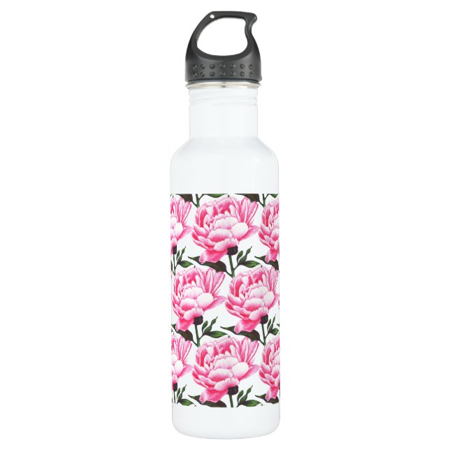 Peony Flower Pattern Pen Drawing Water Bottle (Front)