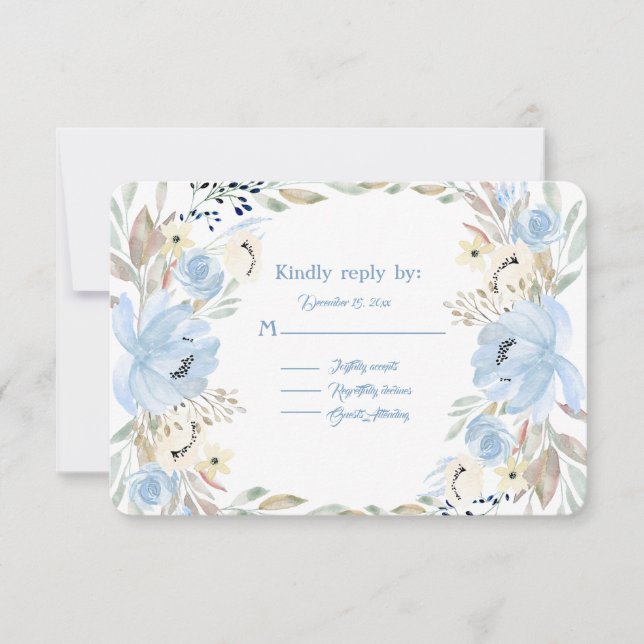 Peony Flower Powder Blue Watercolors RSVP Card (Front)
