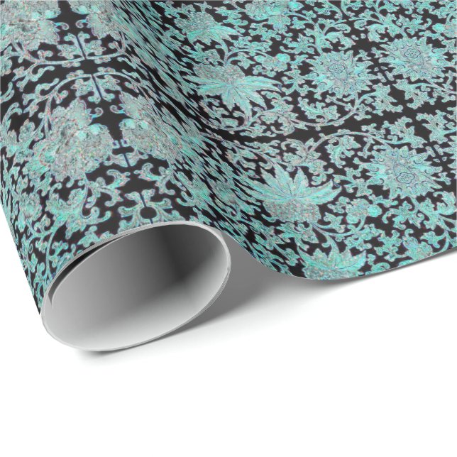 Peony flower turquoise and black wrapping paper (Roll Corner)