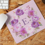 Peony Flower Wreath Watercolor Monogram Purple  Mouse Pad<br><div class="desc">This design may be personalised in the area provided by changing the photo and/or text. Or it can be customised by clicking Personalise this Template and then choosing the click to customise further option and delete or change the colour of the background, add text, change the text colour or style,...</div>