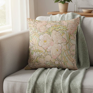 Peony Flowers Alphonse Mucha Cushion