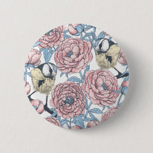 Peony flowers and birds 6 cm round badge