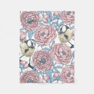 Peony flowers and birds fleece blanket