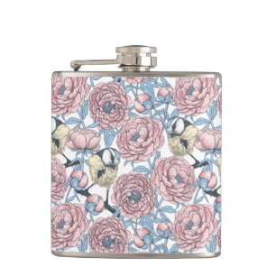 Peony flowers and birds hip flask