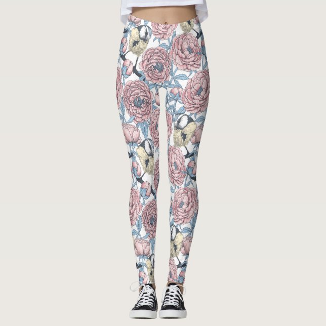 Peony flowers and birds leggings (Front)