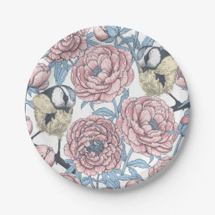 Peony flowers and birds paper plate