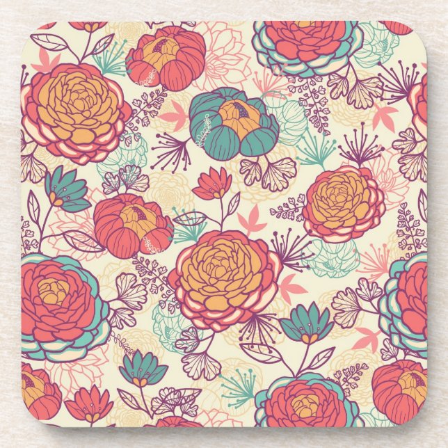 Peony flowers and leaves pattern coaster (Front)