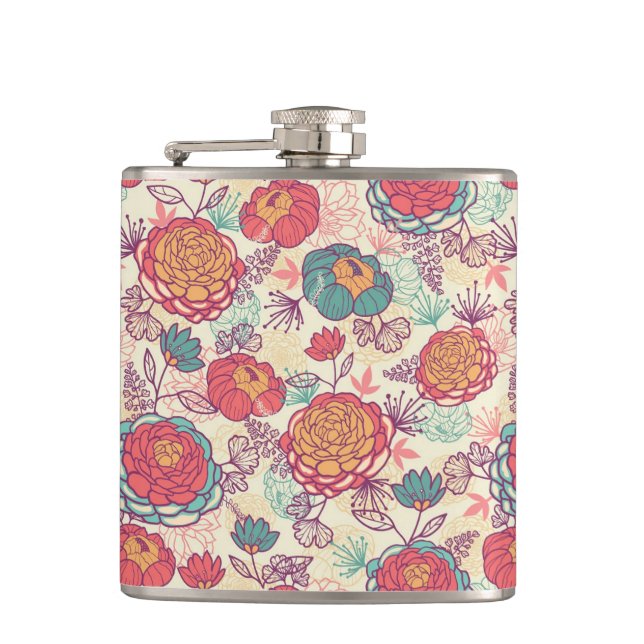 Peony flowers and leaves pattern hip flask (Front)