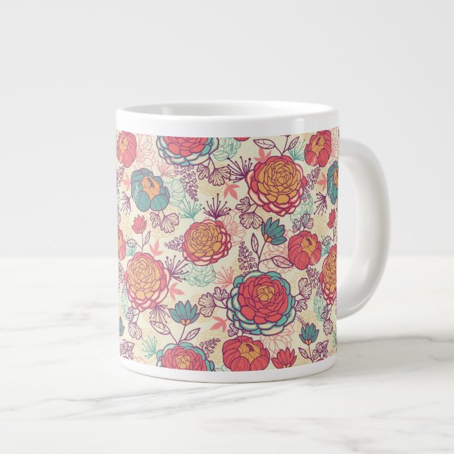 Peony flowers and leaves pattern large coffee mug (Front Right)
