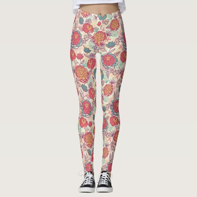Peony flowers and leaves pattern leggings (Front)
