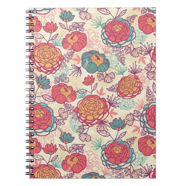 Peony flowers and leaves pattern spiral notebook (Front)