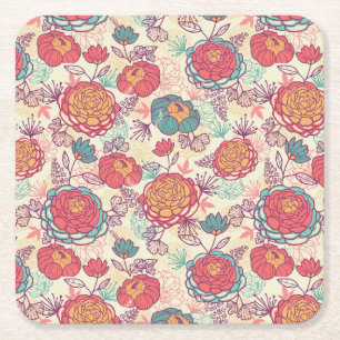 Peony flowers and leaves pattern square paper coaster