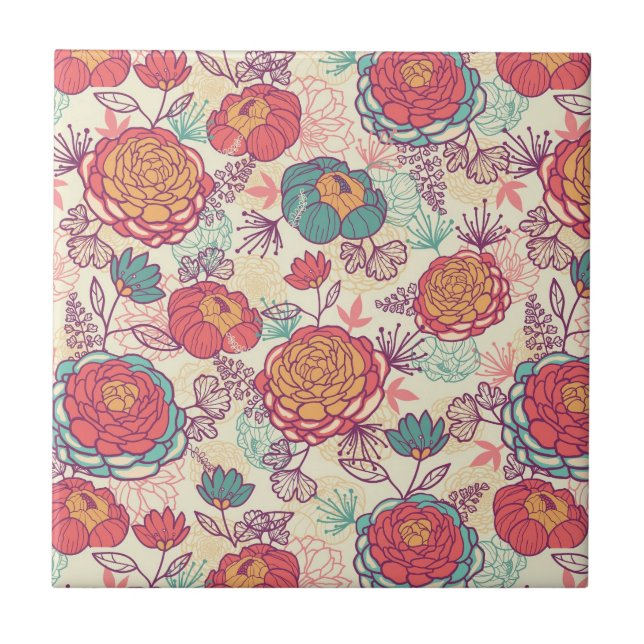 Peony flowers and leaves pattern tile (Front)