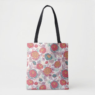 Peony flowers and leaves pattern tote bag