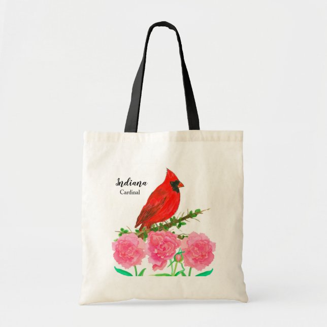 Peony Flowers Cardinal Bird Watercolor Tote Bag (Front)