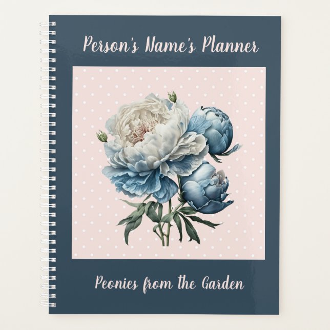 Peony Flowers in Blue & White on Pink & Blue  Planner (Front)