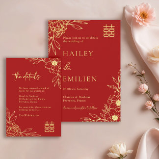 Peony Flowers Modern Chinese Red Wedding Details Invitation