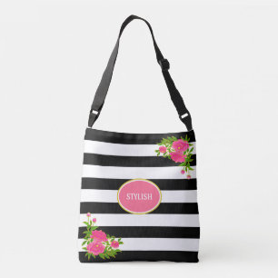 Peony flowers on black & white striped crossbody bag